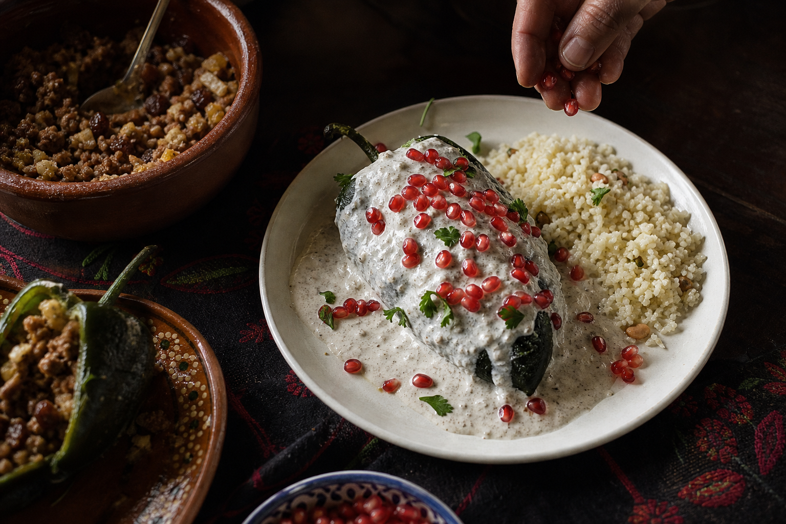 Bodegón cenital de un chile en nogada de La Nena con arroz almendrado e ingredientes