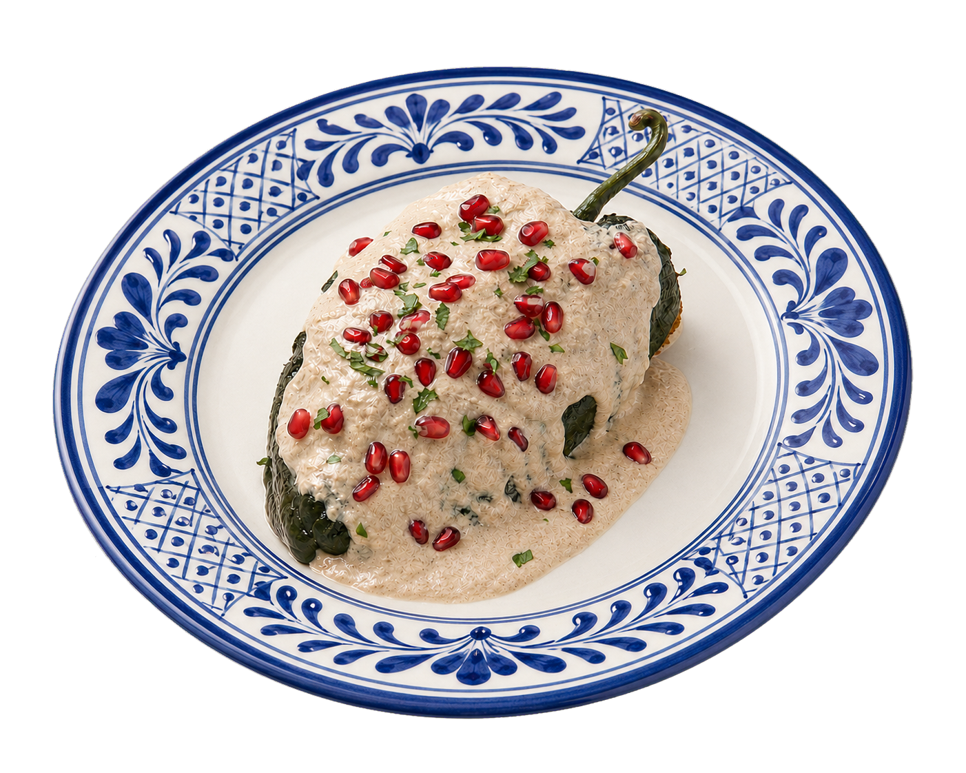 Un chile en nogada servido en plato de Talavera